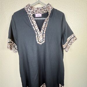 Entro Black Leopard Trim Tunic Dress Medium Boho Chic